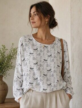 H&M | Lightweight White Mythical Creature Print Blouse, Size 12